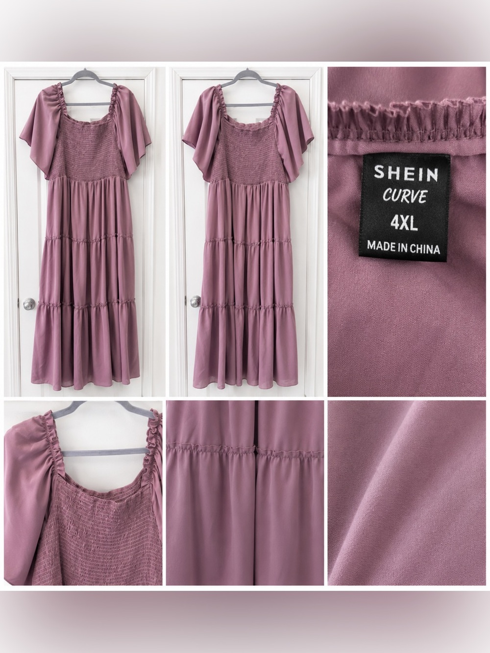 SHEIN Mauve Smocked Tiered Flutter-Sleeve Dress